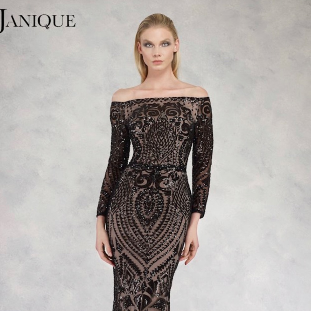 Janique Off Shoulder Black Sequin Formal Gown